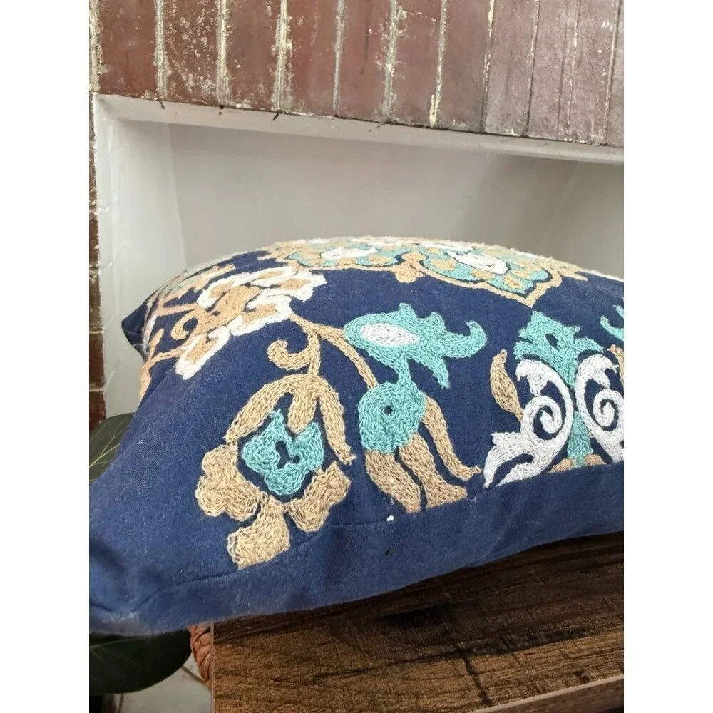 Blue floral embroidered, throw pillow